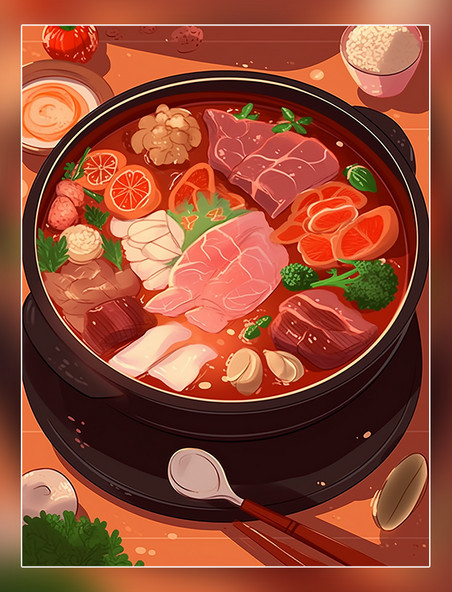 中餐扁平插画手绘风插画一锅炖火锅有蔬菜和肉