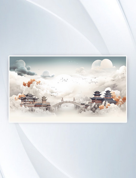 彩色中国风国潮古典大气风景插画