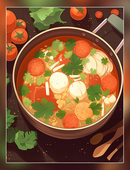 中餐一锅炖火锅手绘风插画扁平插画有蔬菜和肉