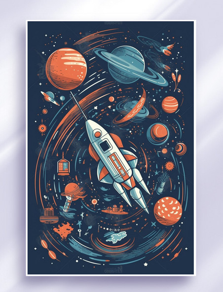 卡通宇宙太空飞船数字艺术插画