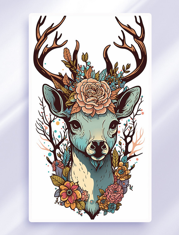 小鹿花开精彩动物插画
