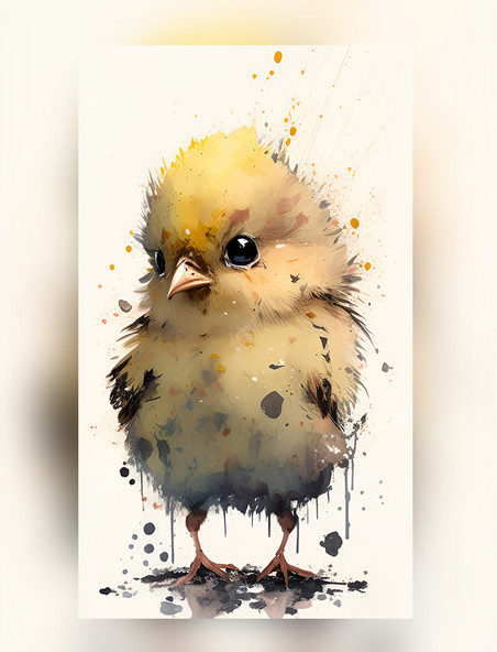 水彩泼墨风格十二生肖可爱黄色小鸡创意艺术插画