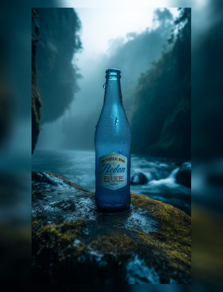 冰蓝啤酒瓶包装设计全景野外小溪处