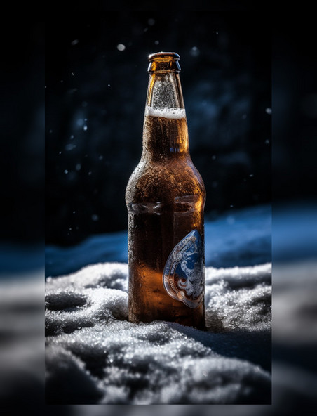 冰雪中瓶装啤酒结霜特写