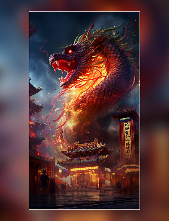 一条中国风巨龙在画面中央特写龙中国传统建筑超细节高清