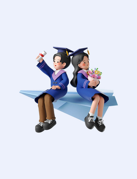 毕业季3D立体学生人物坐在纸飞机上
