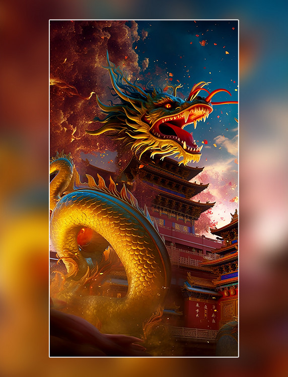 一条中国风巨龙在画面中央特写龙游戏场景中国传统建筑超细节高清