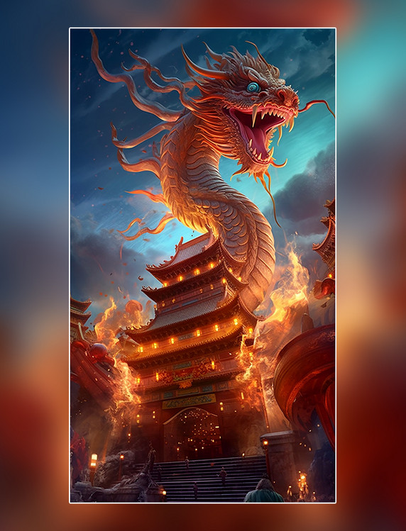 特写龙游戏场景一条中国风巨龙在画面中央中国传统建筑超细节高清