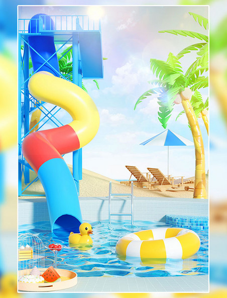 夏天沙滩乐园泳池3D立体场景