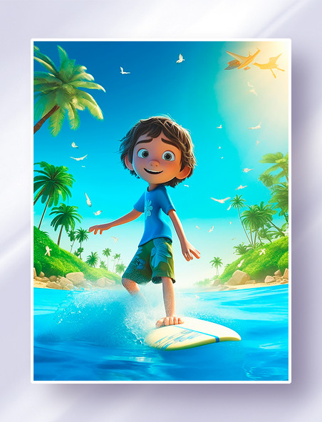 晴朗明媚的夏天快乐冲浪的小男孩海水椰子树沙滩