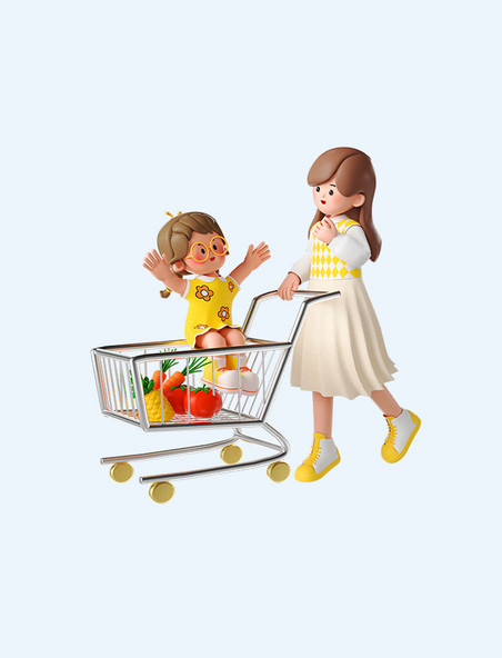 母亲节3D立体女儿和妈妈逛超市购物