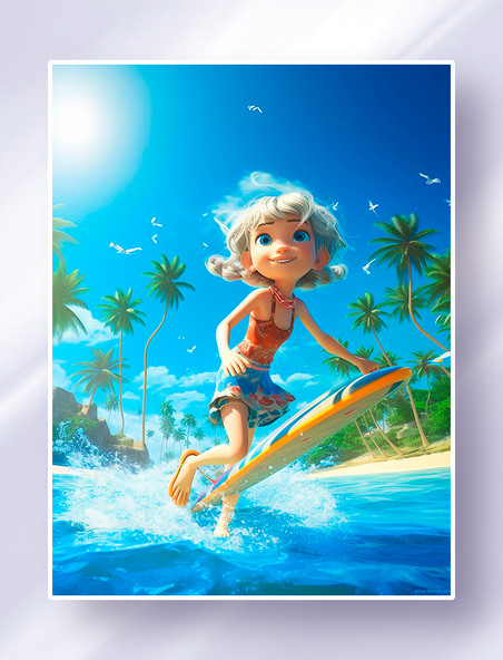 蓝天白云的沙滩海边拿着冲浪板准备冲浪的小女孩