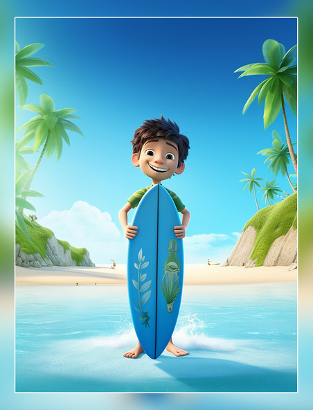海滩3D海报阳光明媚的夏天男孩冲浪海水蓝天椰子树C4D