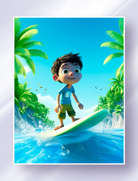 两边都是椰子树的海边男孩在快乐的冲浪玩耍