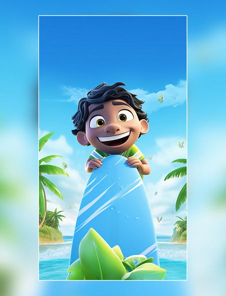 男孩冲浪海水蓝天3D海报阳光明媚的夏天海滩椰子树C4D