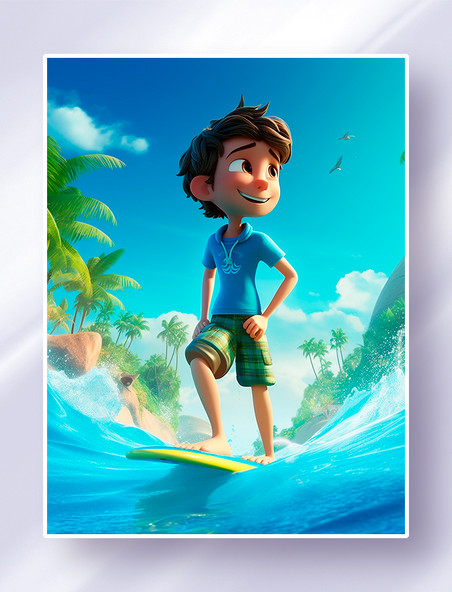小男孩踩着冲浪板在海边冲浪