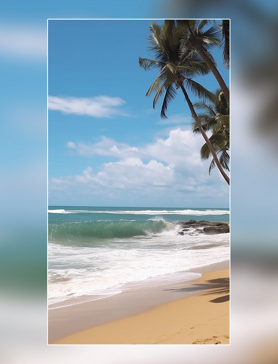 椰树夏天沙滩海浪蓝天白云海边摄影图超级清晰风景摄影图