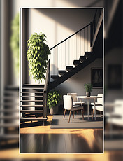 室内家具展示桌椅盆栽楼梯转角装修装潢客厅ins风