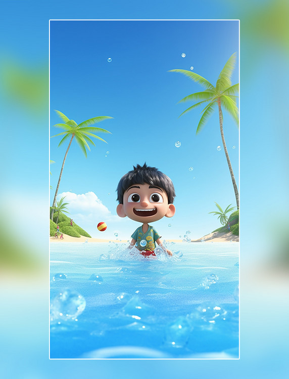3D海报蓝天海滩椰子树C4D阳光明媚的夏天男孩冲浪海水