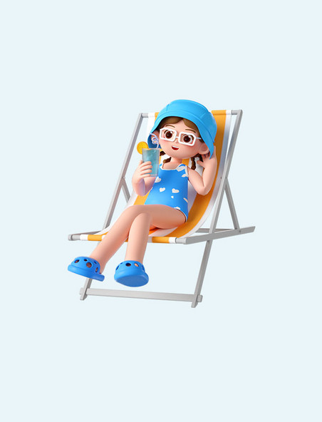 夏天3D立体海边泳装人物坐在躺椅上夏季
