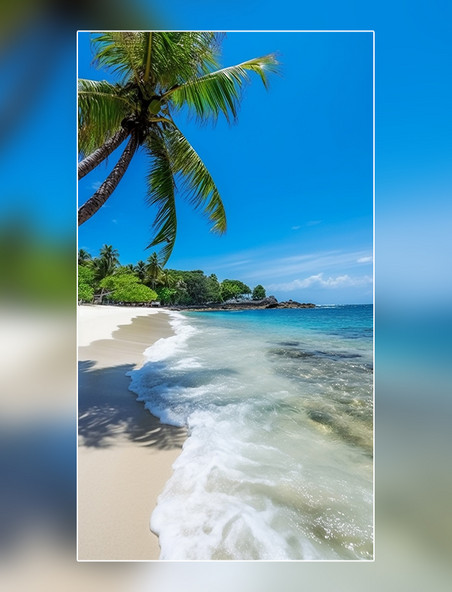 蓝天白云海边椰树夏天沙滩海浪摄影图超级清晰风景摄影图