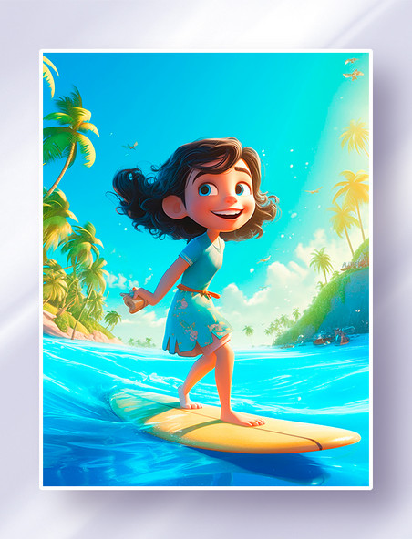 夏日阳光明媚的海边小女孩在冲浪