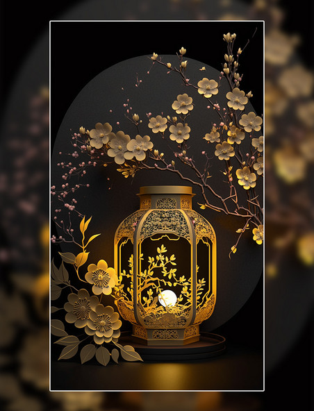 中国风中式装饰古典灯笼花枝金色元素立体剪纸