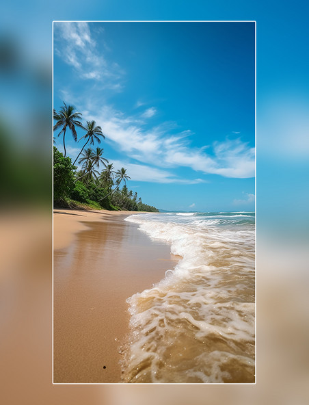 摄影图椰树蓝天白云海边夏天沙滩海浪超级清晰风景摄影图
