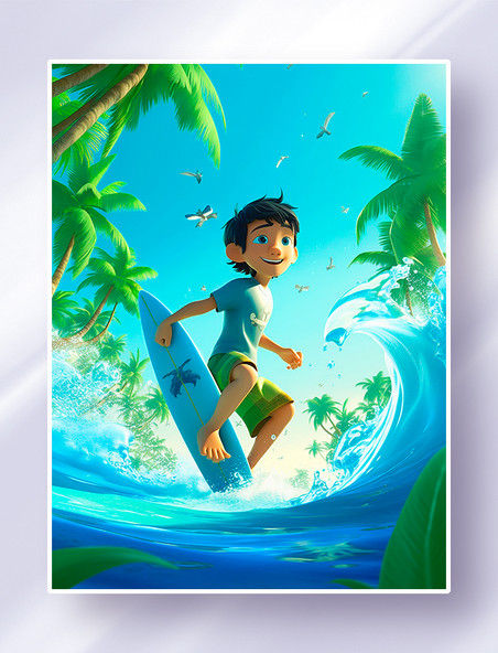 阳光灿烂的夏天透明碧蓝的海水上小男孩在冲浪玩耍