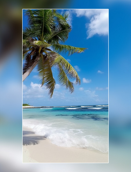 椰树蓝天白云海边夏天沙滩海浪摄影图超级清晰风景