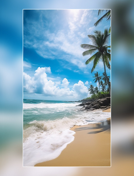 海浪椰树蓝天白云海边夏天沙滩摄影图超级清晰风景摄影图