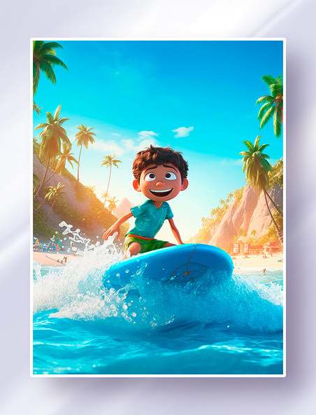 小男孩在快乐的冲浪碧蓝的海水沙滩椰子树阳光夏天