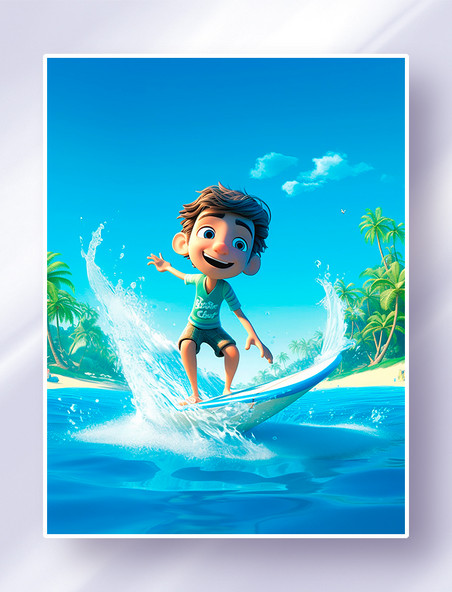 夏日海边快乐冲浪的小男孩沙滩椰子树蓝天白云