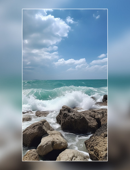 大海海边海岸岩石悬崖波浪美丽的风景海洋摄影图