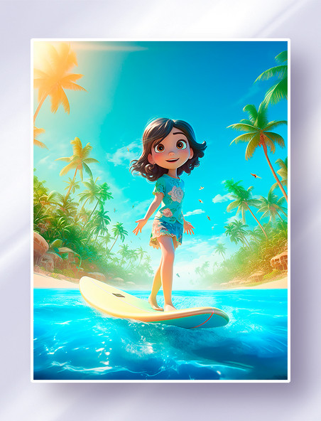 穿裙子的小女孩在玩冲浪板夏日午后阳光沙滩椰子树