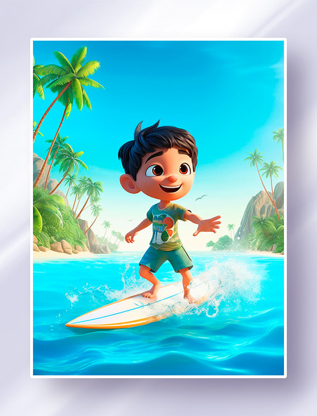 晴朗的夏日海边小男孩在快乐的冲浪椰子树蓝天