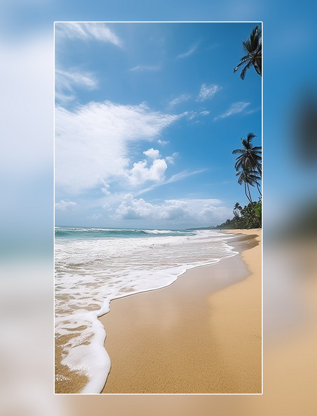 蓝天白云椰树海边夏天沙滩海浪摄影图超级清晰风景摄影图