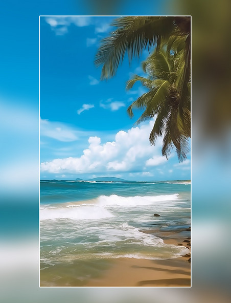 摄影图超级清晰风景摄影图椰树蓝天白云海边夏天沙滩海浪
