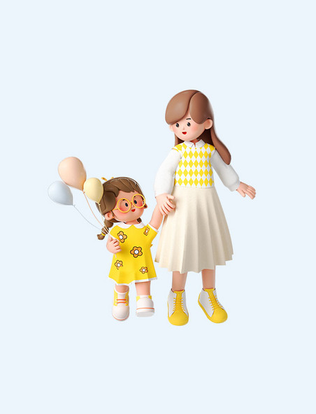 母亲节3D立体女儿和妈妈牵手逛街
