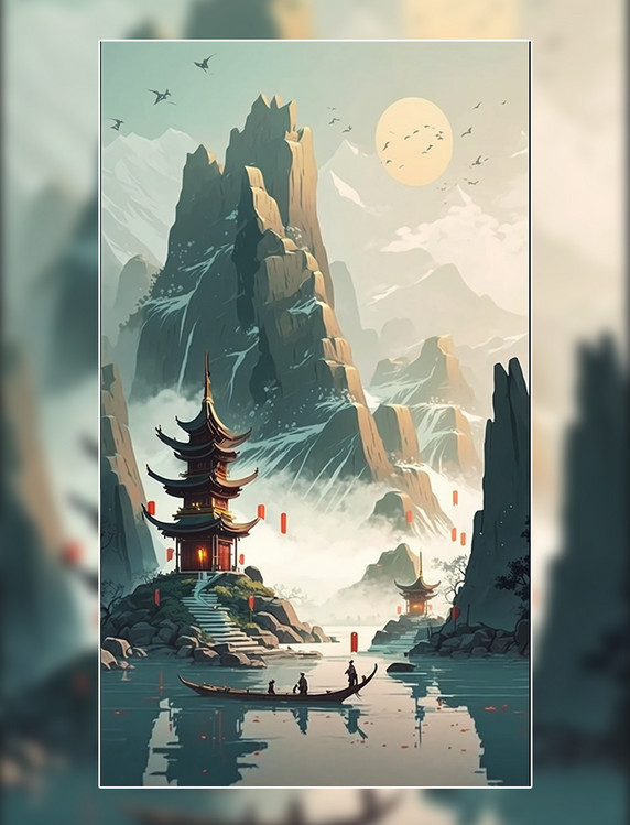 中国国潮风山水山脉建筑树木 