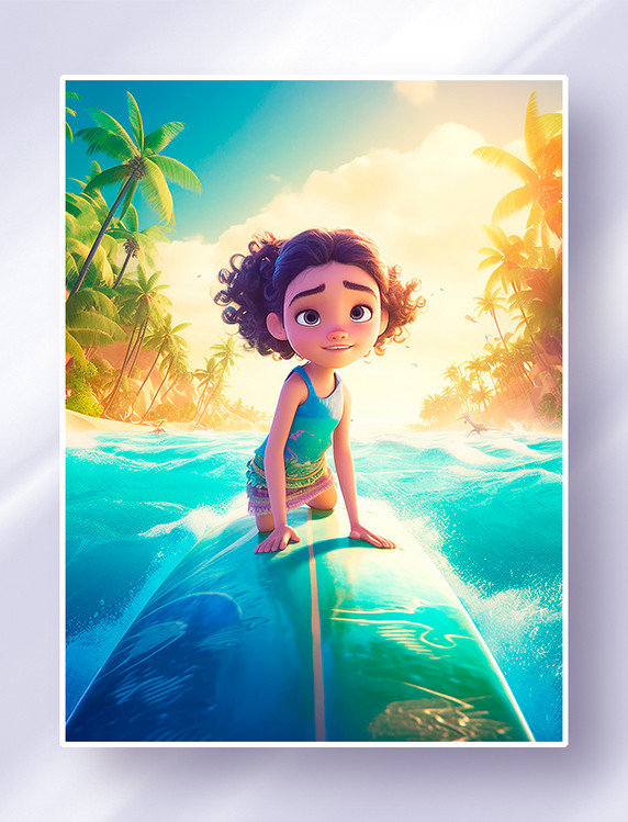 趴在冲浪板上的小女孩在碧蓝的海面上玩滑板