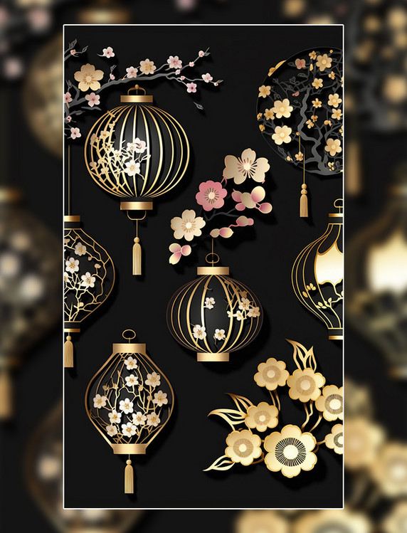 中式装饰古典花纹灯笼金色元素立体剪纸