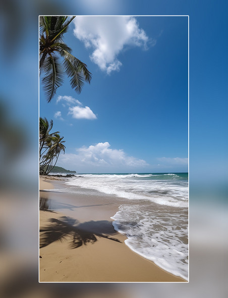 椰树蓝天白云海边夏天沙滩海浪摄影图超级清晰风景摄影图