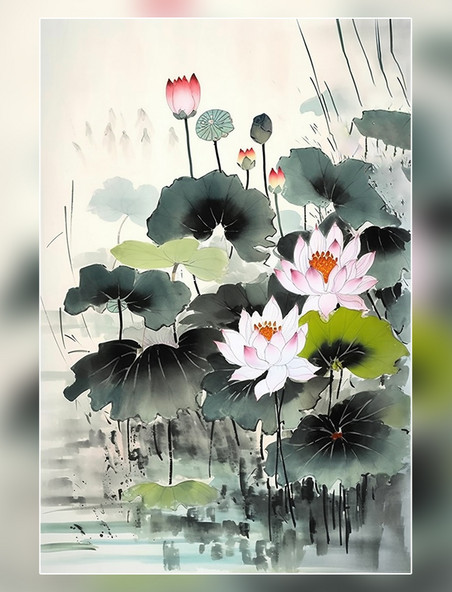 传统水墨风格插画池塘里的荷花和树叶充满了中国水墨的风格夏天夏季