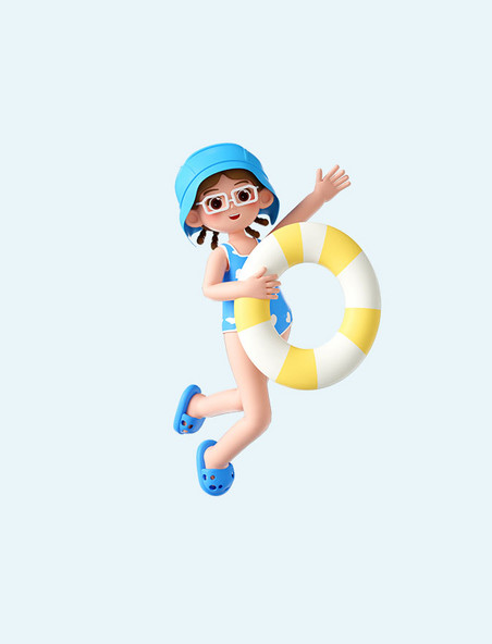夏天3D立体海边泳装人物手拿游泳圈夏季