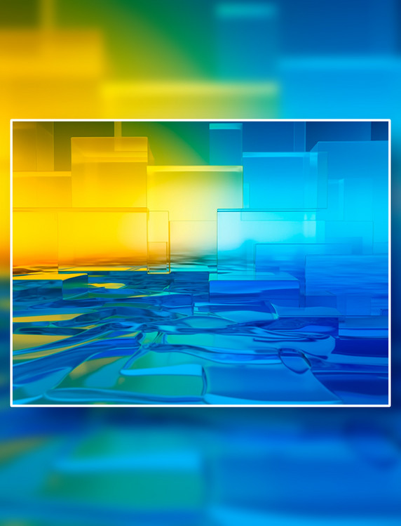 透明立体磨砂玻璃黄蓝白三色渐变PPT背景图