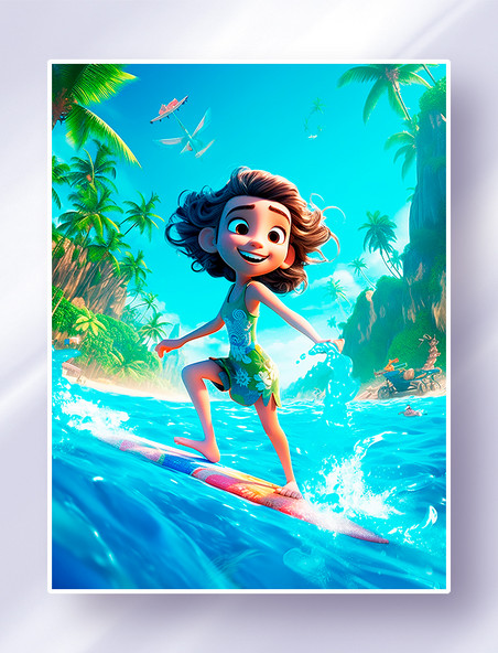 夏日海边一个在快乐冲浪的小女孩海滩椰子树