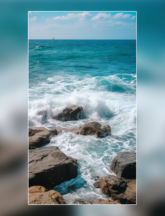 海浪大海海边海岸岩石悬崖波浪美丽的风景海洋摄影图