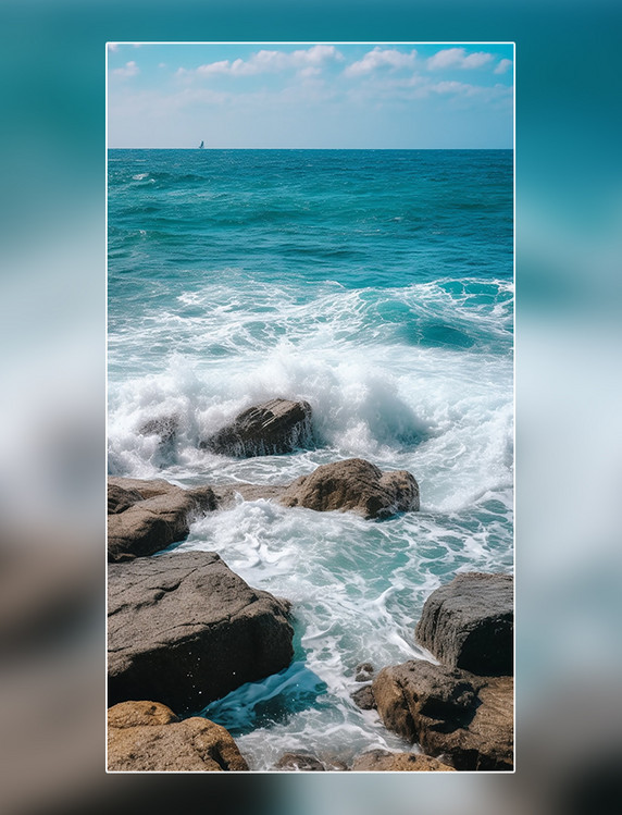 海浪大海海边海岸岩石悬崖波浪美丽的风景海洋摄影图
