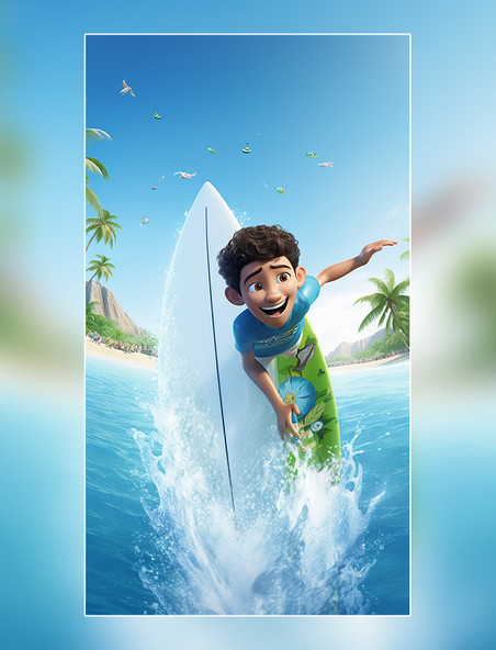 夏天3D海报阳光明媚的男孩冲浪海水蓝天海滩椰子树C4D